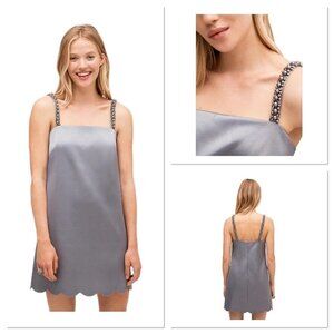 KATE SPADE Pearl Pave Straps Sleeveless Shift Dress Gray Silver Scalloped Hem Sm